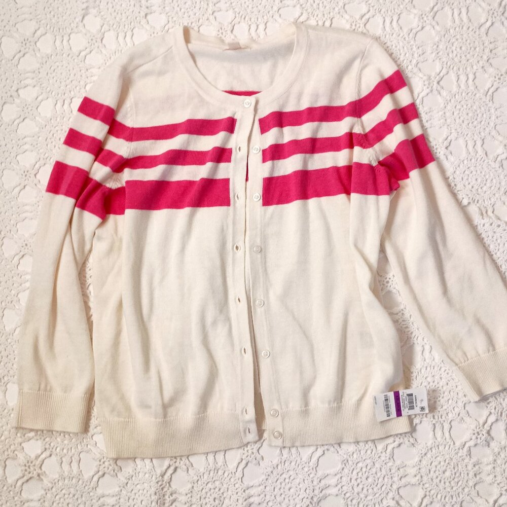 New Maison Jules Cardigan Sweater Ivory Pink Stripe Button Up Thin 2X Women NWT